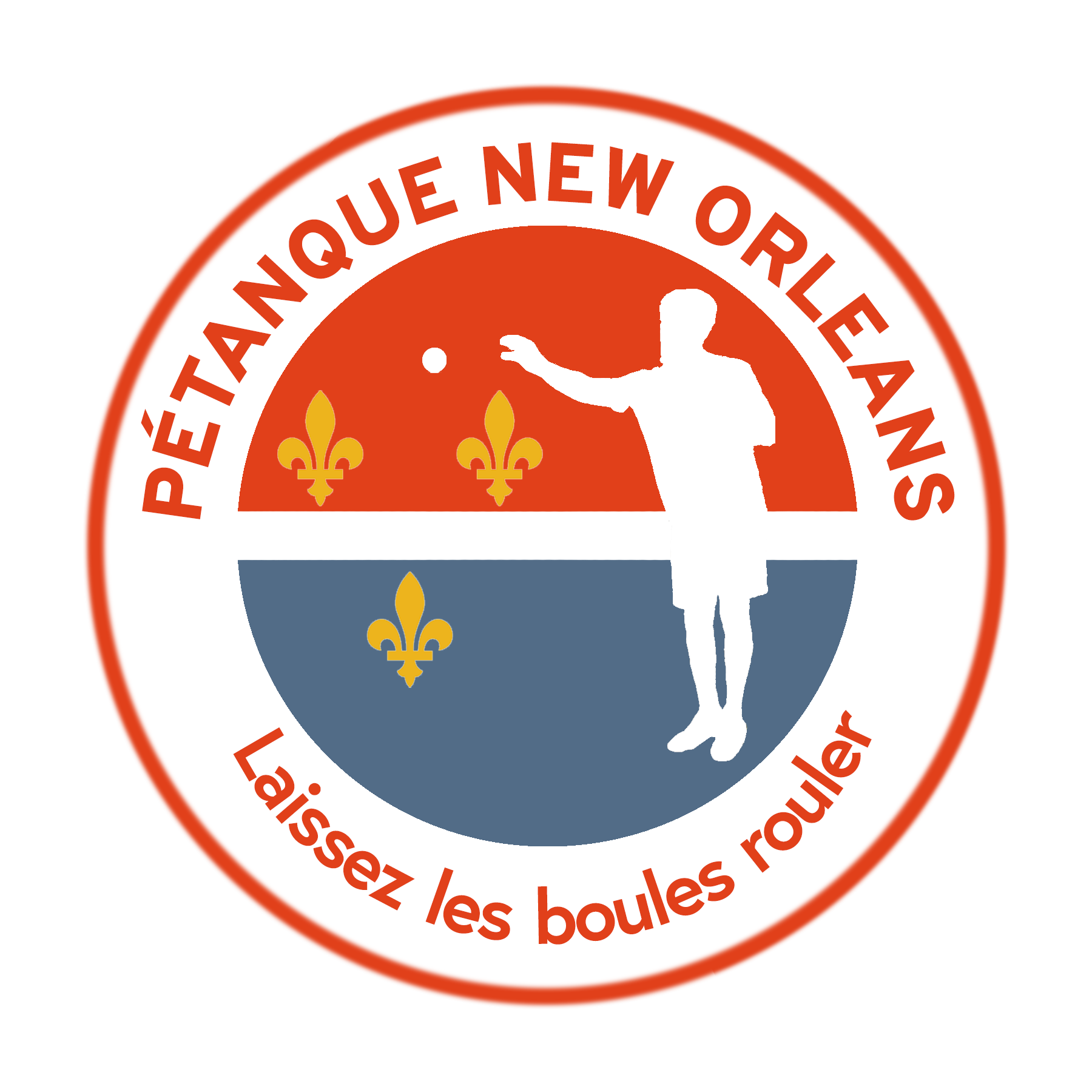 Petanque New Orleans logo: A circular design with a player throwing a boule, fleur-de-lis symbols, and the text 'Laissez les boules rouler